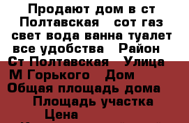 Продают дом в ст.Полтавская,6 сот.газ,свет,вода,ванна,туалет,все удобства › Район ­ Ст.Полтавская › Улица ­ М.Горького › Дом ­ 166 › Общая площадь дома ­ 119 › Площадь участка ­ 6 › Цена ­ 1.800.000 - Краснодарский край Недвижимость » Дома, коттеджи, дачи продажа   . Краснодарский край